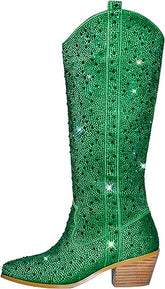 Rhinestone Knee High Sequin Green Cowboy Boots