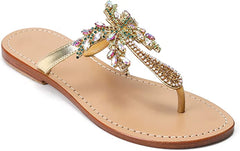 Bohemian Palm Tree Silver Multi Color Rhinestone T Strap Sandals