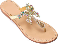 Bohemian Palm Tree Silver Multi Color Rhinestone T Strap Sandals