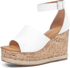 Summer Black Ankle Strap Cork Sole Wedge Sandals