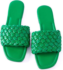 Green Braided Open Toe Flat Sandals