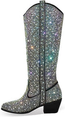 Rhinestone Knee High Sequin Silver Cowboy Boots