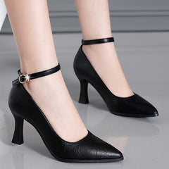 Classic Black Thin Heels Pumps Women Pointed Toe Ankle Strap High Heels Shoes Woman Pu Leather Soft Sole Office Shoes