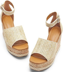 Summer Beige Ankle Strap Cork Sole Wedge Sandals