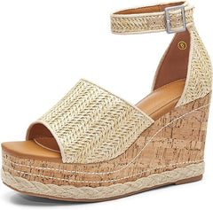 Summer White Ankle Strap Cork Sole Wedge Sandals