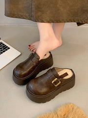 Belt Buckle Round-Toe Split-Joint Loafers Platform Shoes Slippers&Mules