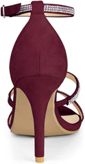 Strappy Rhinestone Burgundy High Heel Sandals