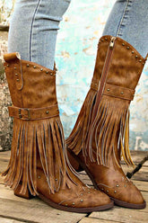New Fashion Spring Outfit Pointed Toe Studded Fringed Mid-Calf Boots