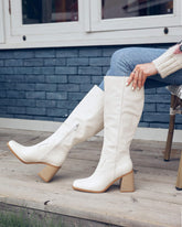 Beige Wide Calf Square Heel Knee High Boots