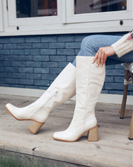 Beige Wide Calf Square Heel Knee High Boots