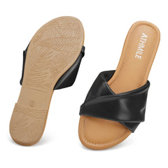 Black Casual Leather Summer Flat Sandals