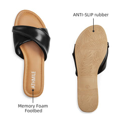 Black Casual Leather Summer Flat Sandals