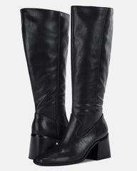 Black Wide Calf Square Heel Knee High Boots