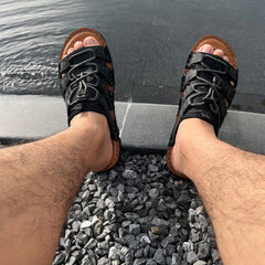 Lace Up Men's Black Leather Casual Slide Sandals