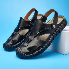 Men's Black Roped Leather Anti-Slip Outdoor Sandals
