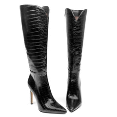 Black Crocodile Knee High Stiletto Faux Leather Boots