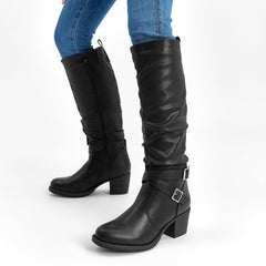 Black Almond Toe Faux Leather Buckle Knee High Boots