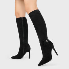 Black Suede Working Girl Stiletto Faux Leather Boots