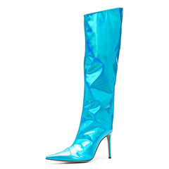 Fashion Forward Metallic Turquoise Knee High Stiletto Boots