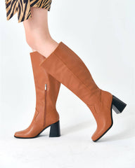 Brown Wide Calf Square Heel Knee High Boots