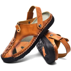 Zip Front Men's Brown Leather Anti-Slip Outdoor Sandals