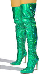 Metallic Fashion Style Green Holographic Stiletto Over The Knee Boots