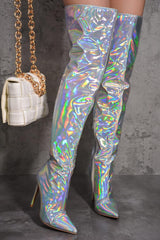 Metallic Fashion Style Pink Holographic Stiletto Over The Knee Boots
