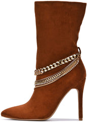 Faux Suede Brown Pointed Toe Sock Ankle Booties