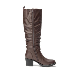 Chocolate Pu Almond Toe Faux Leather Buckle Knee High Boots
