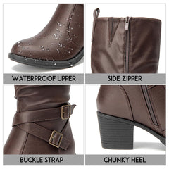 Chocolate Pu Almond Toe Faux Leather Buckle Knee High Boots