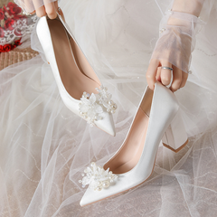 Chunky Heel White Satin Pump Shoes For Small Feet ES27