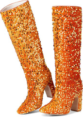Black Rhinestone Sequin Square Toe Mid Calf Boots