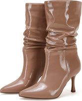 Mid Calf Khaki Faux Leather High Stiletto Boots