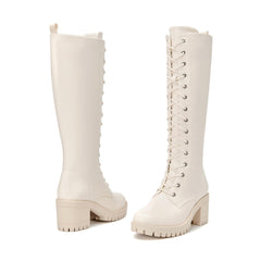 Stylish Creamy Beige Chunky Lace Up Knee High Boots
