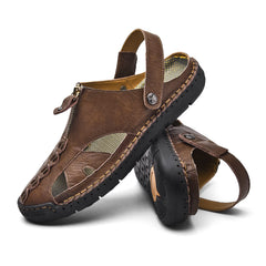 Dark Brown Zippered Men's Leather Outdoor Stylish Summer Sandals