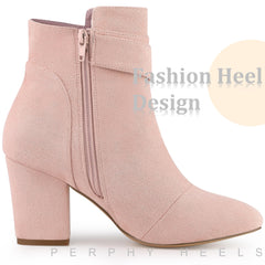 Dust Pink Chic Suede Round Toe Buckle Heel Ankle Boots