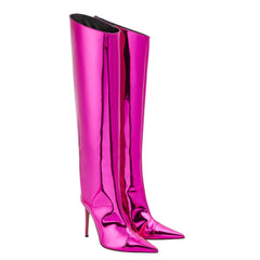 Fuchsia Fashion Forward Metallic Knee High Stiletto Boots