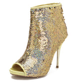 Gold Sequined Stiletto Glitter Open Toe Ankle Booties