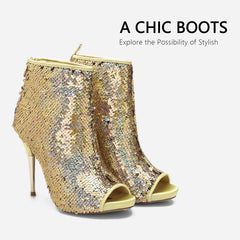 Gold Sequined Stiletto Glitter Open Toe Ankle Booties