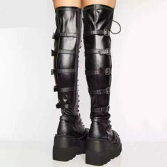 Brand Design Female High Platform Thigh High Boots Buckle Strap Gothic Girls High Heels Boots Women Cosplay Wedges Shoes