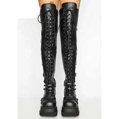 Brand Design Female High Platform Thigh High Boots Buckle Strap Gothic Girls High Heels Boots Women Cosplay Wedges Shoes