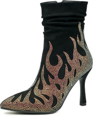 Black Crystal Embellished Suede Stiletto Heel Ankle Boots
