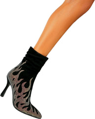 Black Crystal Embellished Suede Stiletto Heel Ankle Boots
