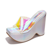 Holographic Platform Open Toe Wedge Heels
