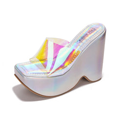 Holographic Platform Open Toe Wedge Heels