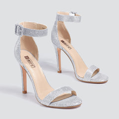Open Toe Silver Glitter High Heel Stiletto Sandals