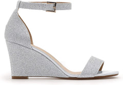 Classic Wedge Heels Silver Glitter Ankle Strap Open Toe Sandals