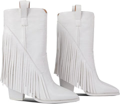 White Sassy Tassel Fringe Block Heel Cowgirl Boots