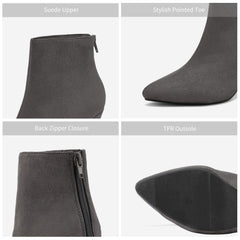 Gray Suede Winter Chic Pointy Toe Low Heel Ankle Boots