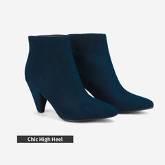 Navy Blue Suede Winter Chic Pointy Toe Low Heel Ankle Boots